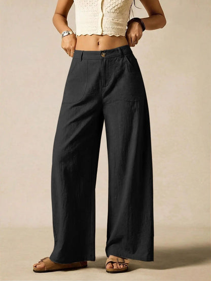 Women's Summer Linen Breathable Lightweight Palazzo Pants Flowy Wide Straight Leg Beach Trousers