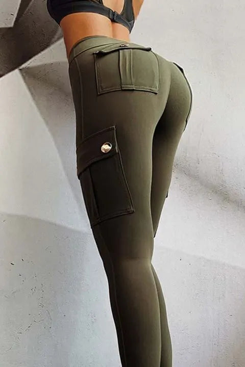 Solid Flap Pocket High Waist Sports Leggings