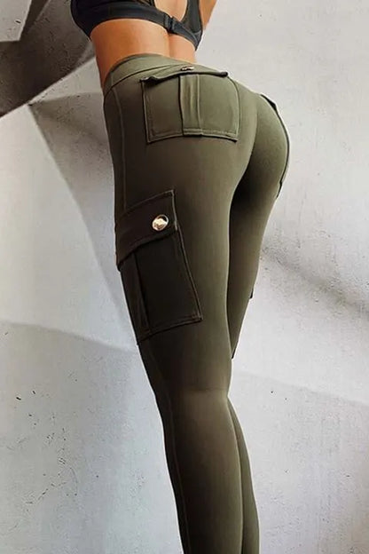 Solid Flap Pocket High Waist Sports Leggings