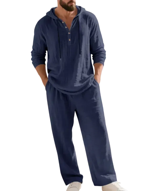 Linen Men's Hooded Casual Loose Top & Pants 2-Piece Set