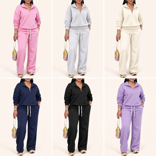 Women's Solid-Color Sweatshirt and Sweatpants Set for Autumn/Winter