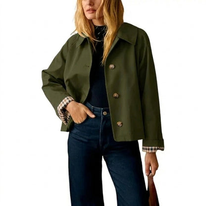 Women's Cropped Trench Coat Classic Lapel Oversized Casual Jacket with Plaid Lining, Lightweight Seasonal Outerwear