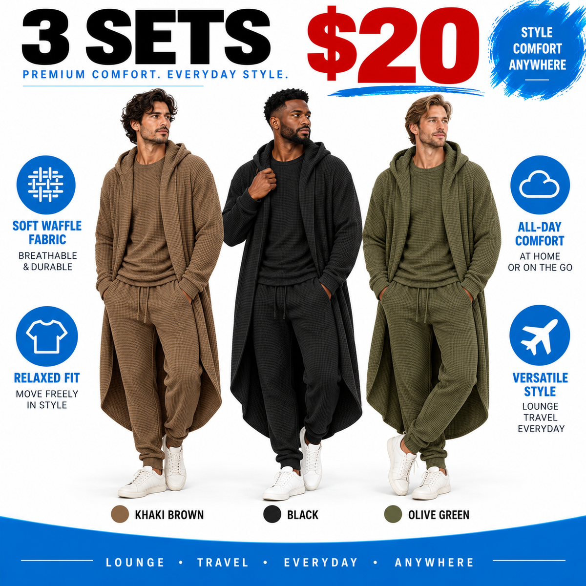 🌍Men's Minimalist 3-Piece Waffle Knit Loungewear Set