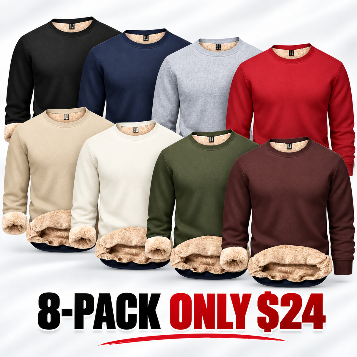 Men's Fitted Crewneck Fleece Lined Sweatshirt, Wind Resistant Polyester Athletic Pullover, Casual Fashion Active Tops