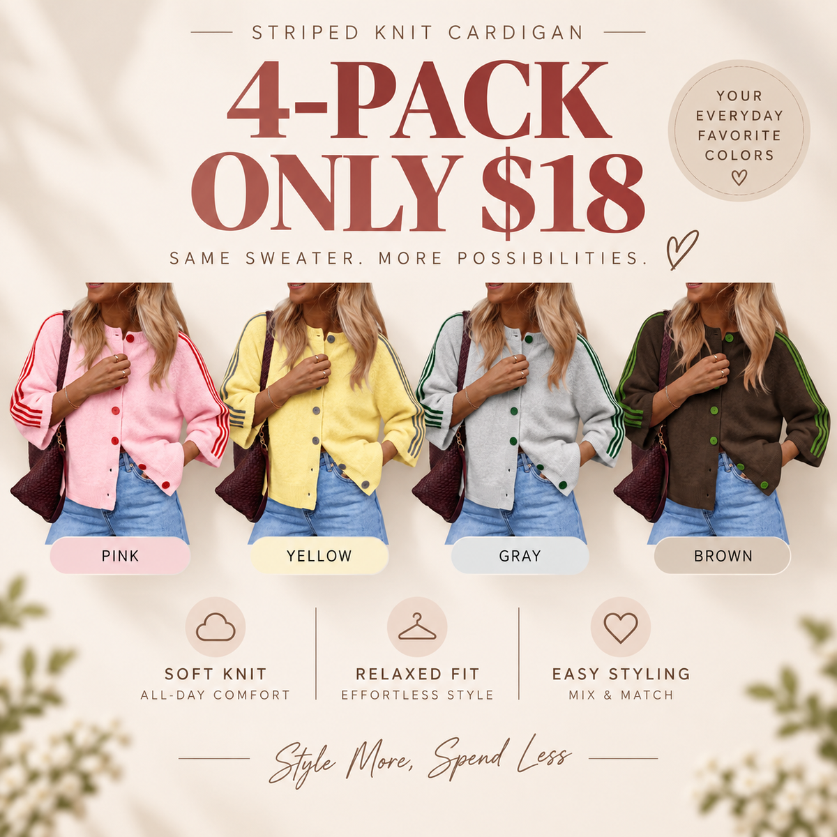 Women's Striped 3/4 Sleeve Cropped Knit Cardigan, Crew Neck Button Down Y2K Fall Casual Lightweight Sweater Jacke