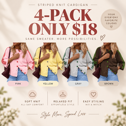 Women's Striped 3/4 Sleeve Cropped Knit Cardigan, Crew Neck Button Down Y2K Fall Casual Lightweight Sweater Jacke