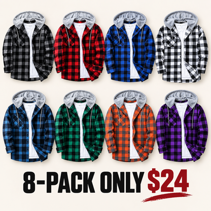 Men's Plaid Hooded Shirt Jacket, Long Sleeve Front Buckle Ankle Drawstring Casual Coat with Pockets