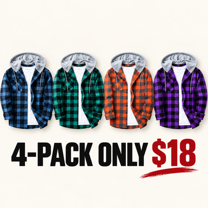 Men's Plaid Hooded Shirt Jacket, Long Sleeve Front Buckle Ankle Drawstring Casual Coat with Pockets