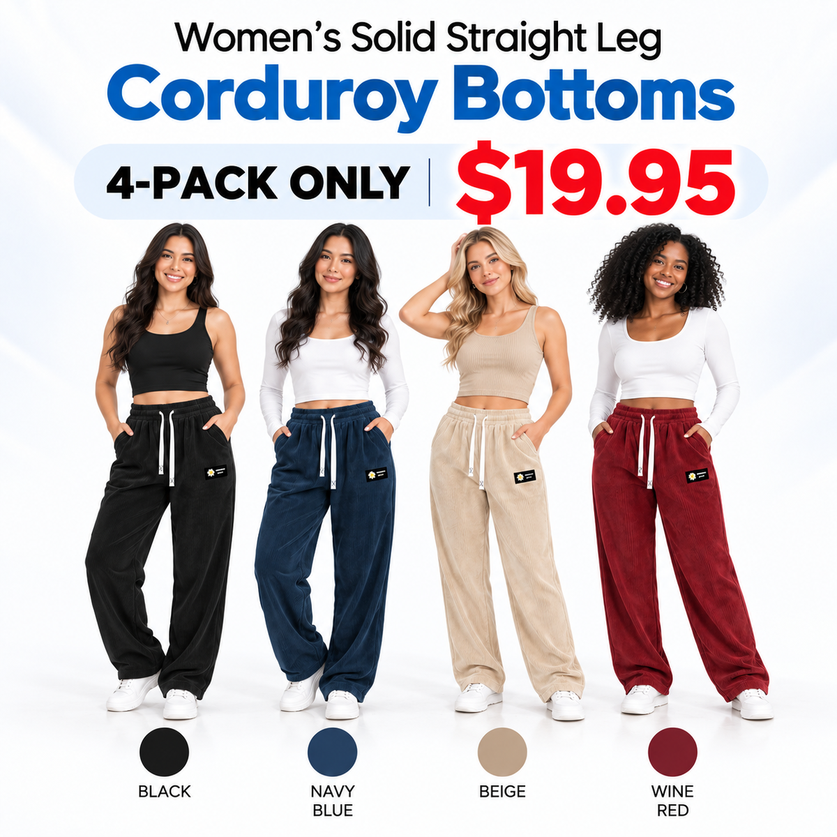 🔥LAST DAY SALE🌍 Women's Solid Straight Leg Corduroy Bottoms-100% Cotton