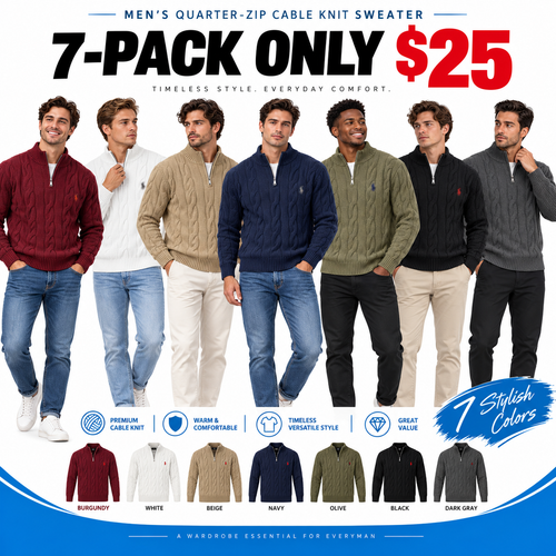 Men's Quarter-Zip Cable Knit Sweater – Classic Mock Neck Pullover for Everyday Comfort