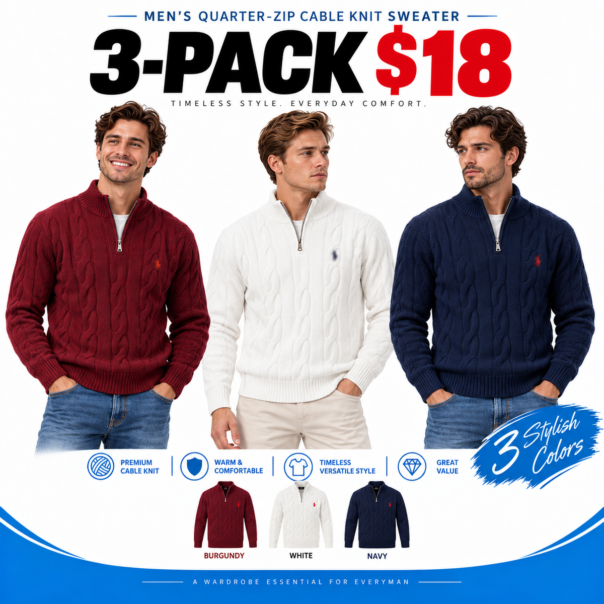 Men's Quarter-Zip Cable Knit Sweater – Classic Mock Neck Pullover for Everyday Comfort