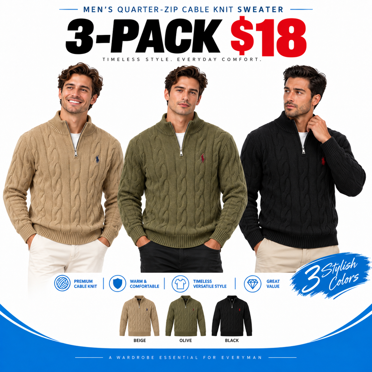 Men's Quarter-Zip Cable Knit Sweater – Classic Mock Neck Pullover for Everyday Comfort