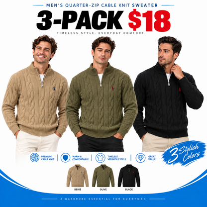 Men's Quarter-Zip Cable Knit Sweater – Classic Mock Neck Pullover for Everyday Comfort