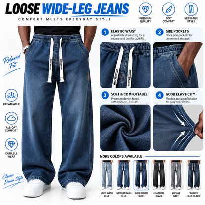 Men's Drawstring Elastic Waist Straight-Leg Jeans