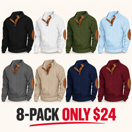 Men's Stand Collar Jacquard Knit Sweater, Micro Stretch 100% Polyester Elbow Patch Long Sleeve Top