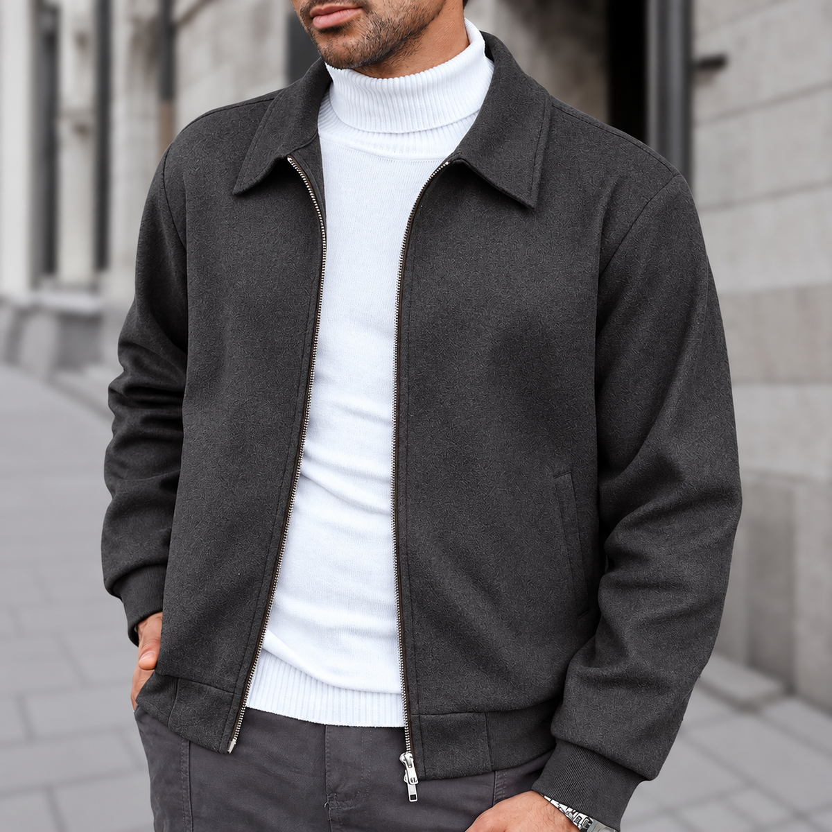 Men's Classic Collared Zip-Up Jacket – Casual Fall & Winter Outerwear