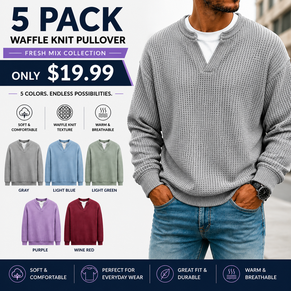 🍂 FALL & WINTER DEAL | 5 FOR $19.99 | 10 FOR ONLY $26.99! Men's Thermal Waffle Knit Pullover – Soft & Cozy Long Sleeve Sweater