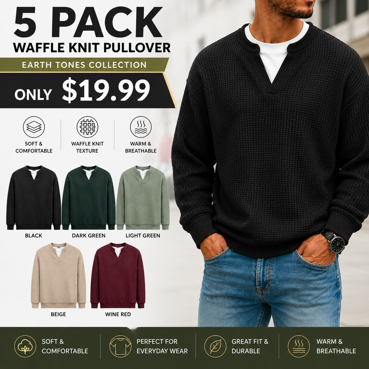 🍂 FALL & WINTER DEAL | 5 FOR $19.99 | 10 FOR ONLY $26.99! Men's Thermal Waffle Knit Pullover – Soft & Cozy Long Sleeve Sweater