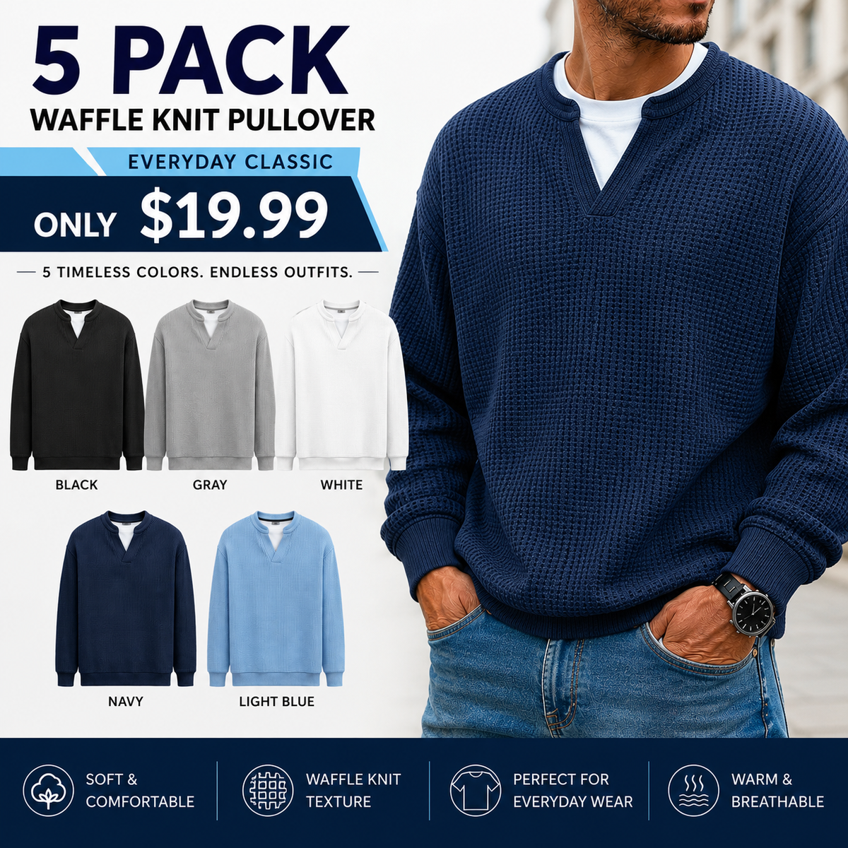 🍂 FALL & WINTER DEAL | 5 FOR $19.99 | 10 FOR ONLY $26.99! Men's Thermal Waffle Knit Pullover – Soft & Cozy Long Sleeve Sweater