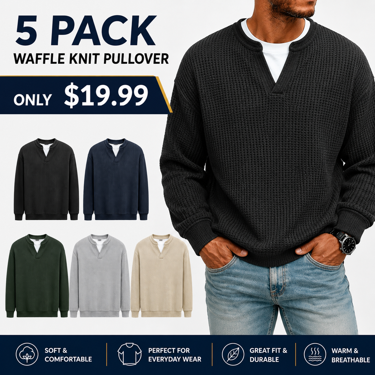 🍂 FALL & WINTER DEAL | 5 FOR $19.99 | 10 FOR ONLY $26.99! Men's Thermal Waffle Knit Pullover – Soft & Cozy Long Sleeve Sweater