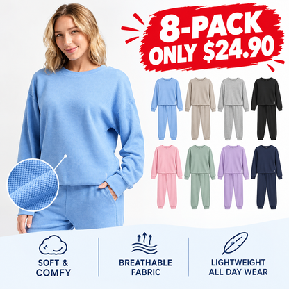 Waffle-Knit Long-Sleeve Casual Set | Lightweight, Textured Cotton Blend with Crew Neck