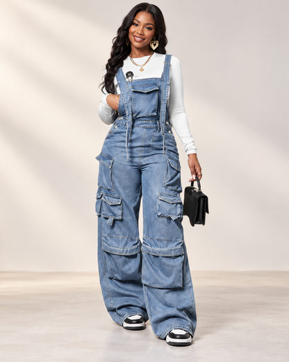 Women's Baggy Vintage Cargo Denim Overalls Jumpsuit