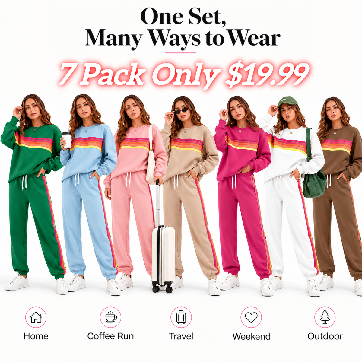 Women's 2-Piece Loose-Fit Sweatshirt Set – Retro Rainbow Stripe Crewneck Sweatshirt & Casual Track Pants