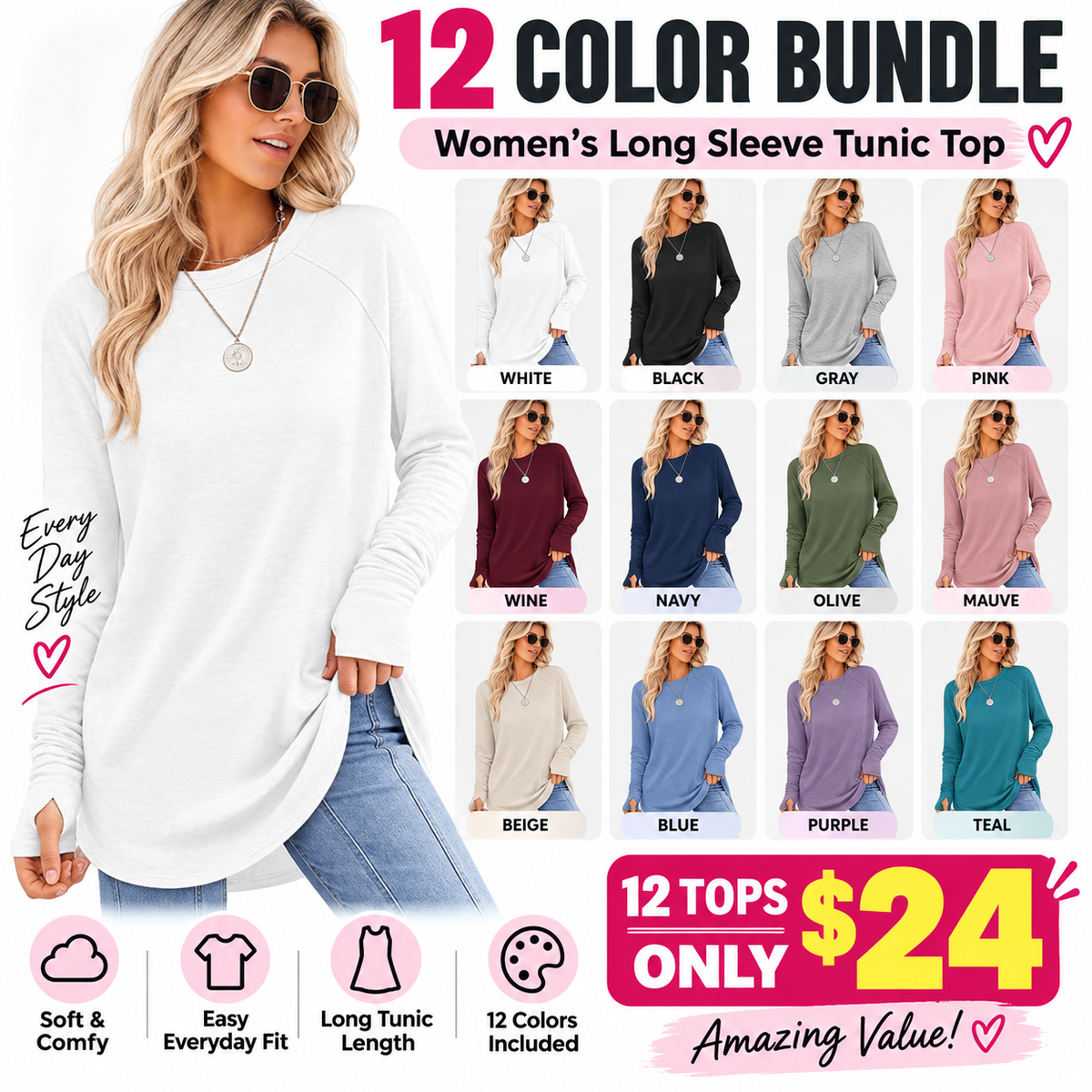 🌟Women's Casual Basic Baggy Loose-Fit Tunic Top