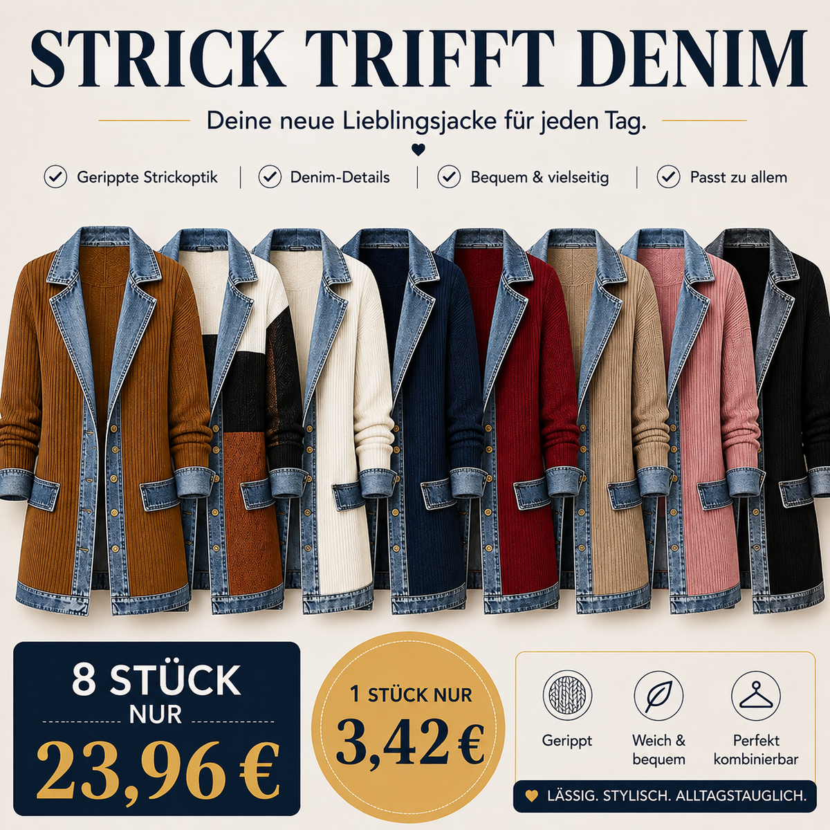 🔥Heißer Verkauf 60% Rabatt🧥Gerippte Strickjacke mit Deni - Lässiger Chic für jeden Tag🎁