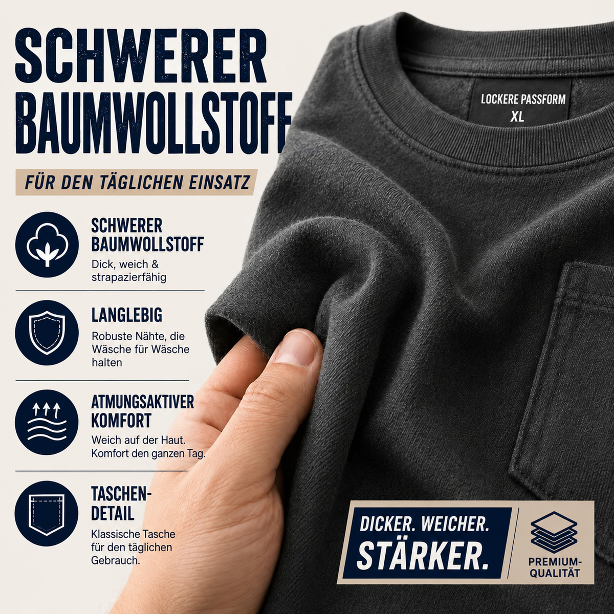 Herren-T-Shirt aus schwerer Baumwolle mit Brusttasche – Lockere Passform für Alltag und Freizeit