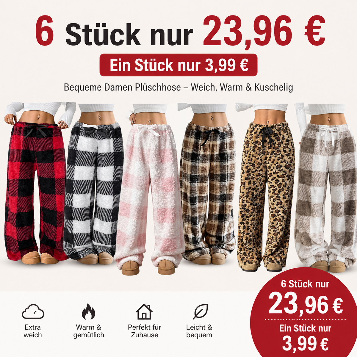 ☁️ Wohlfühl-Komfort | Plüschige Damenhose mit Karomuster und weitem Bein