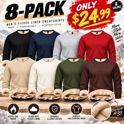Men's Fitted Crewneck Fleece Lined Sweatshirt, Wind Resistant Polyester Athletic Pullover, Casual Fashion Active Tops