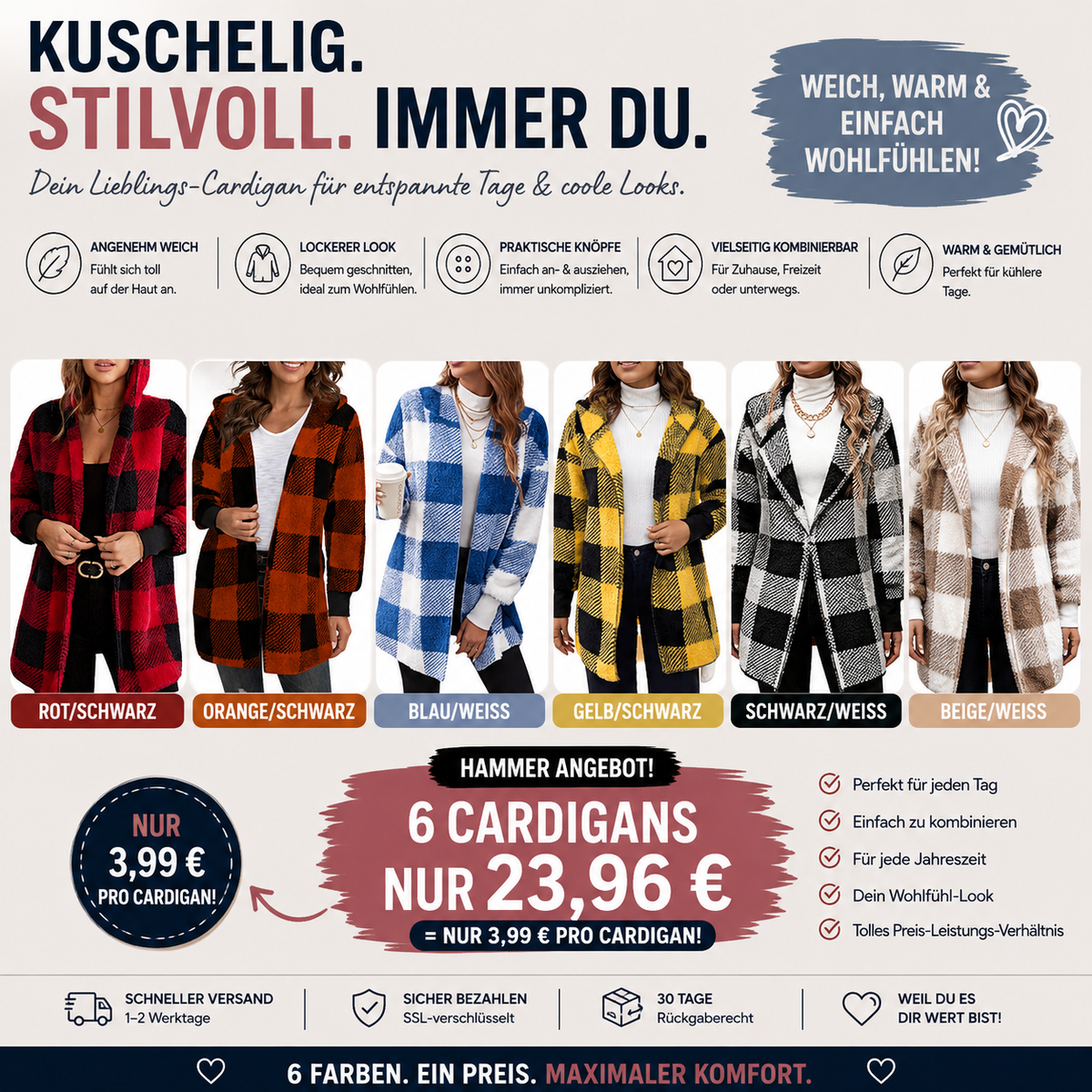📢🎉50%Rabatt!!!🛍️✨Weites kapuzen-Cardigan für Damen mit Karo-Farblock-Design