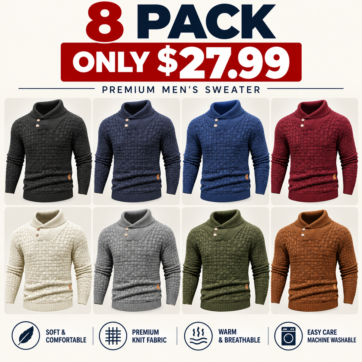 💚Men's Regular Textured Patched Detail Shawl Collar Sweater