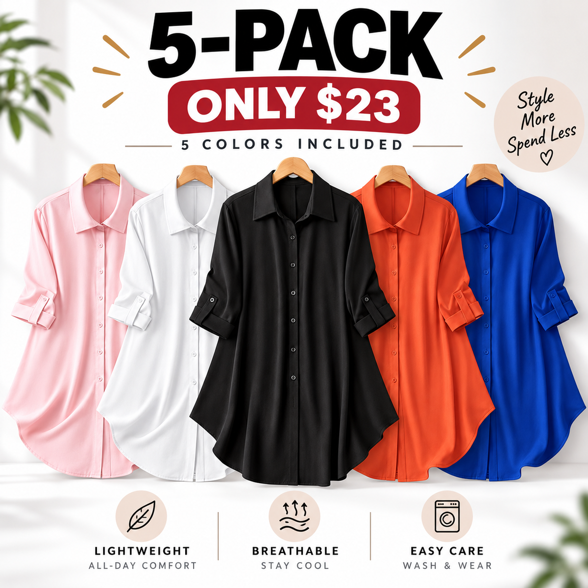 Plus-Size Solid Long Sleeve Button Up Blouse for Spring & Fall