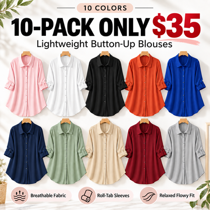 Plus-Size Solid Long Sleeve Button Up Blouse for Spring & Fall
