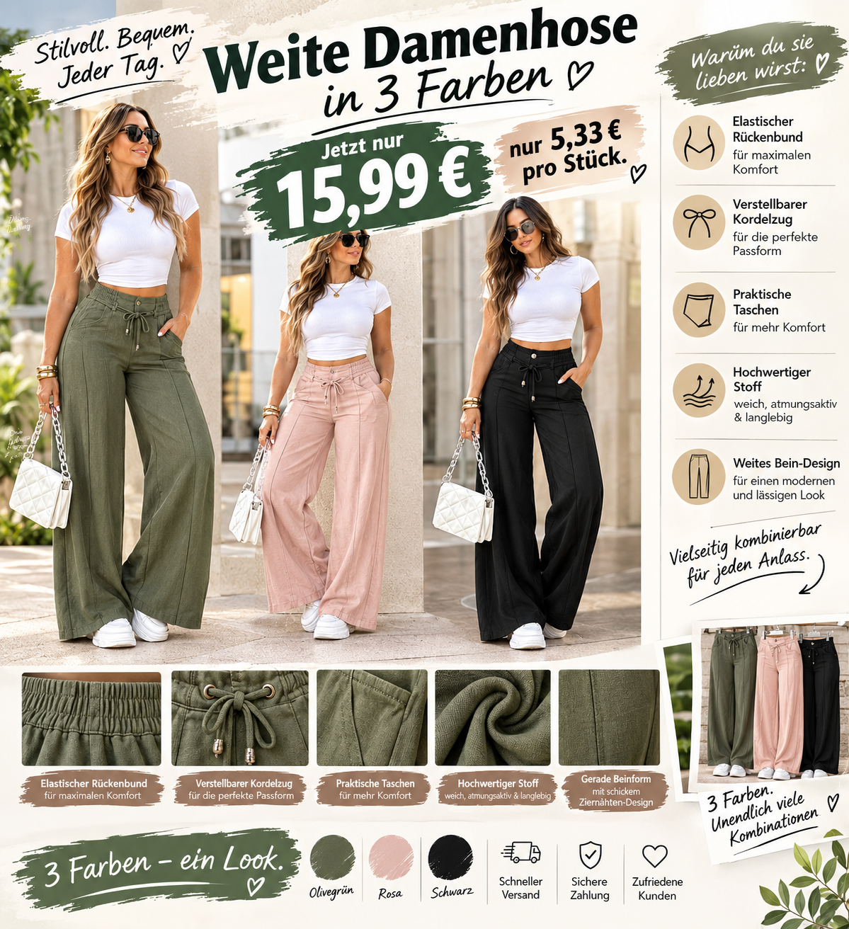 Hoch taillierte Damenhose mit geradem Bein, Straight Fit Stoffhose für Büro & Freizeit