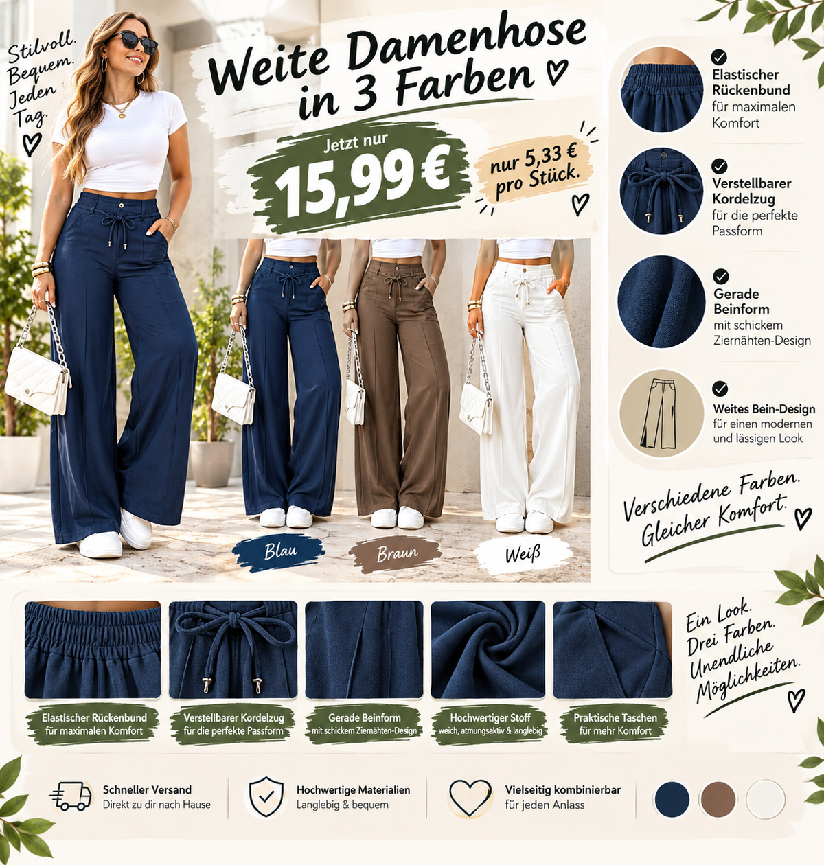 Hoch taillierte Damenhose mit geradem Bein, Straight Fit Stoffhose für Büro & Freizeit