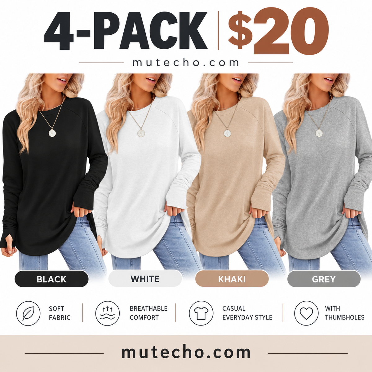 Women's Long Sleeve Tunic Top with Thumb Holes – mutecho