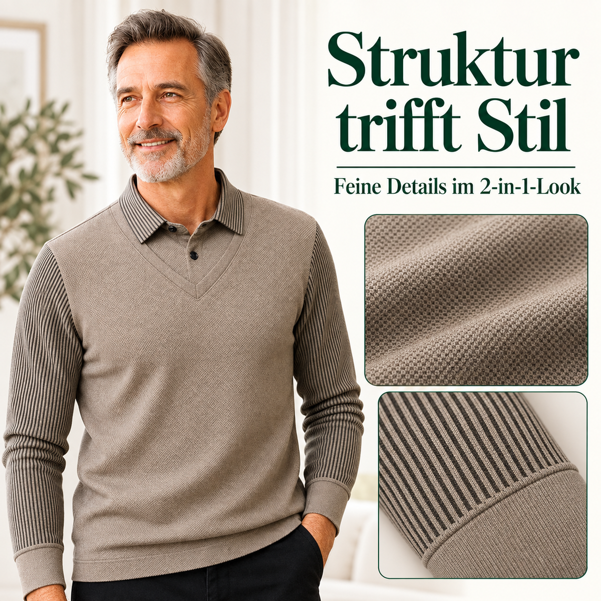 Herren-Langarmshirt im 2-in-1-Look mit Polokragen