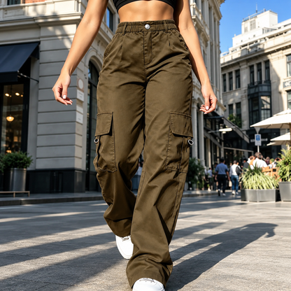 Women's High-Waisted Relaxed Cargo Pants with Pockets – 100% Cotton