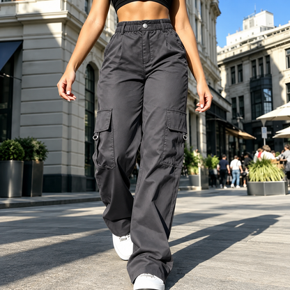 Women's High-Waisted Relaxed Cargo Pants with Pockets – 100% Cotton