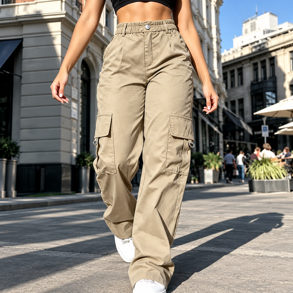 Women's High-Waisted Relaxed Cargo Pants with Pockets – 100% Cotton