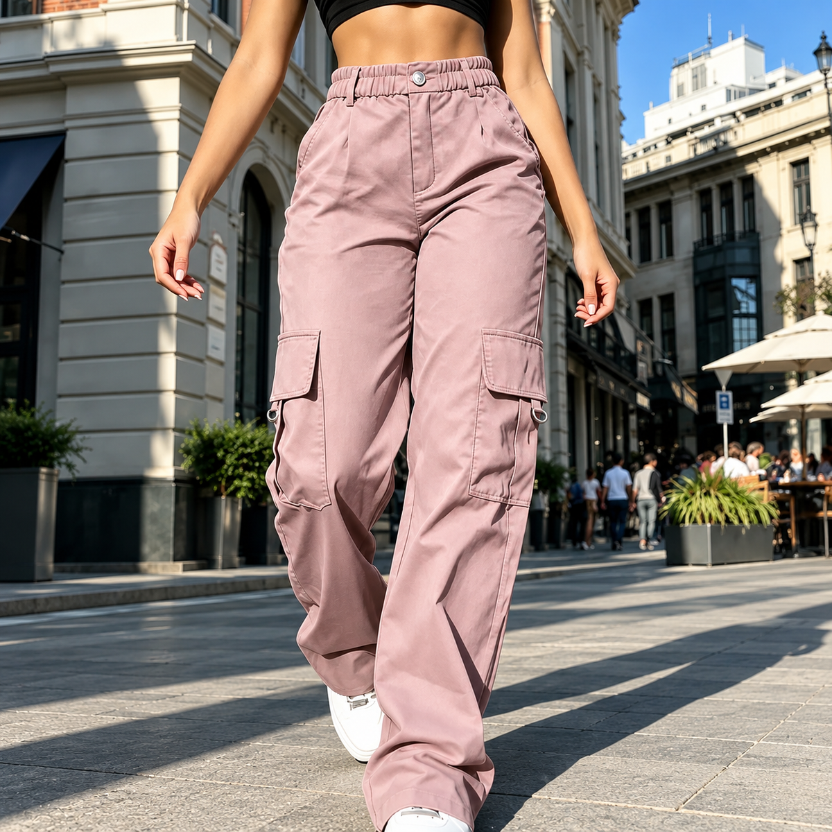 Women's High-Waisted Relaxed Cargo Pants with Pockets – 100% Cotton