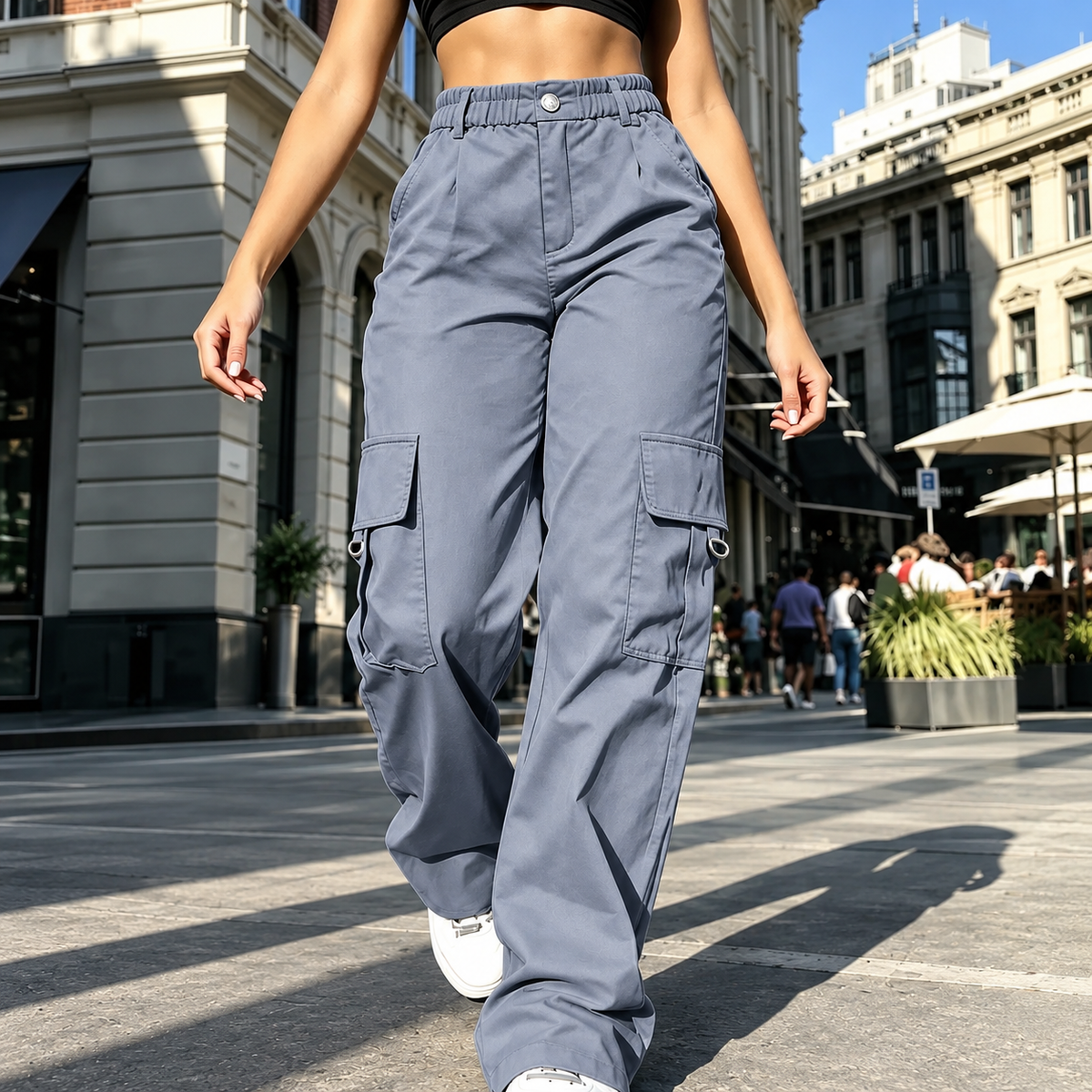 Women's High-Waisted Relaxed Cargo Pants with Pockets – 100% Cotton