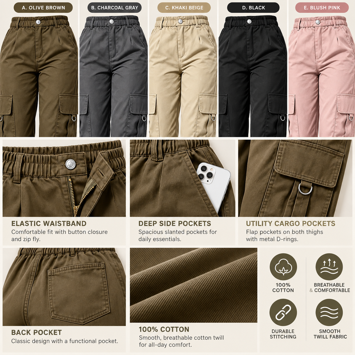 Women's High-Waisted Relaxed Cargo Pants with Pockets – 100% Cotton