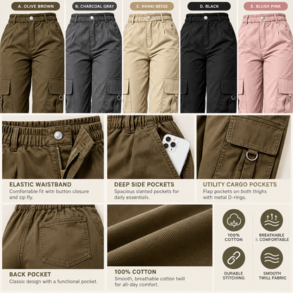 Women's High-Waisted Relaxed Cargo Pants with Pockets – 100% Cotton