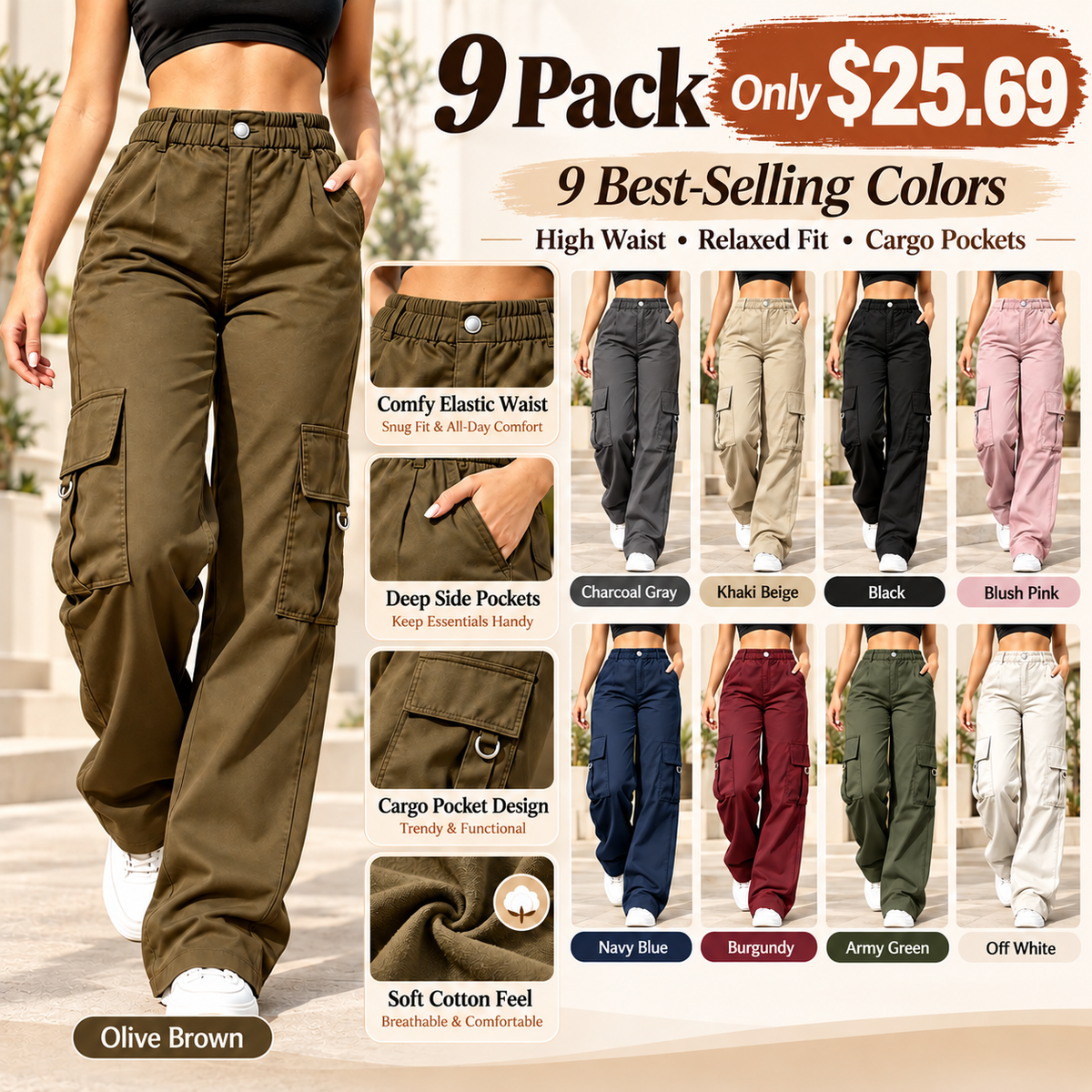 Women's High-Waisted Relaxed Cargo Pants with Pockets – 100% Cotton