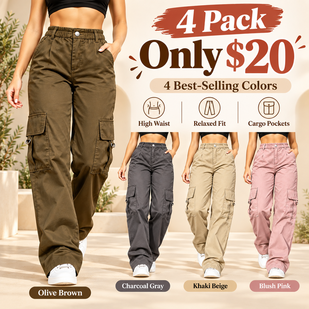 Women's High-Waisted Relaxed Cargo Pants with Pockets – 100% Cotton