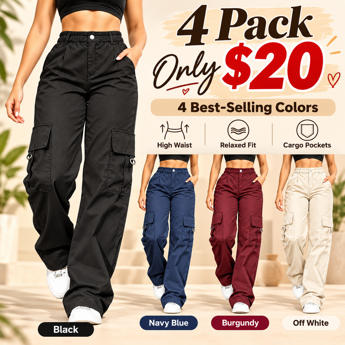 Women's High-Waisted Relaxed Cargo Pants with Pockets – 100% Cotton